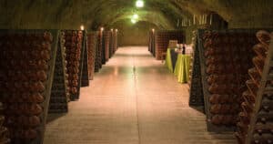 Candlelit wine cellar and tasting room at a vineyard